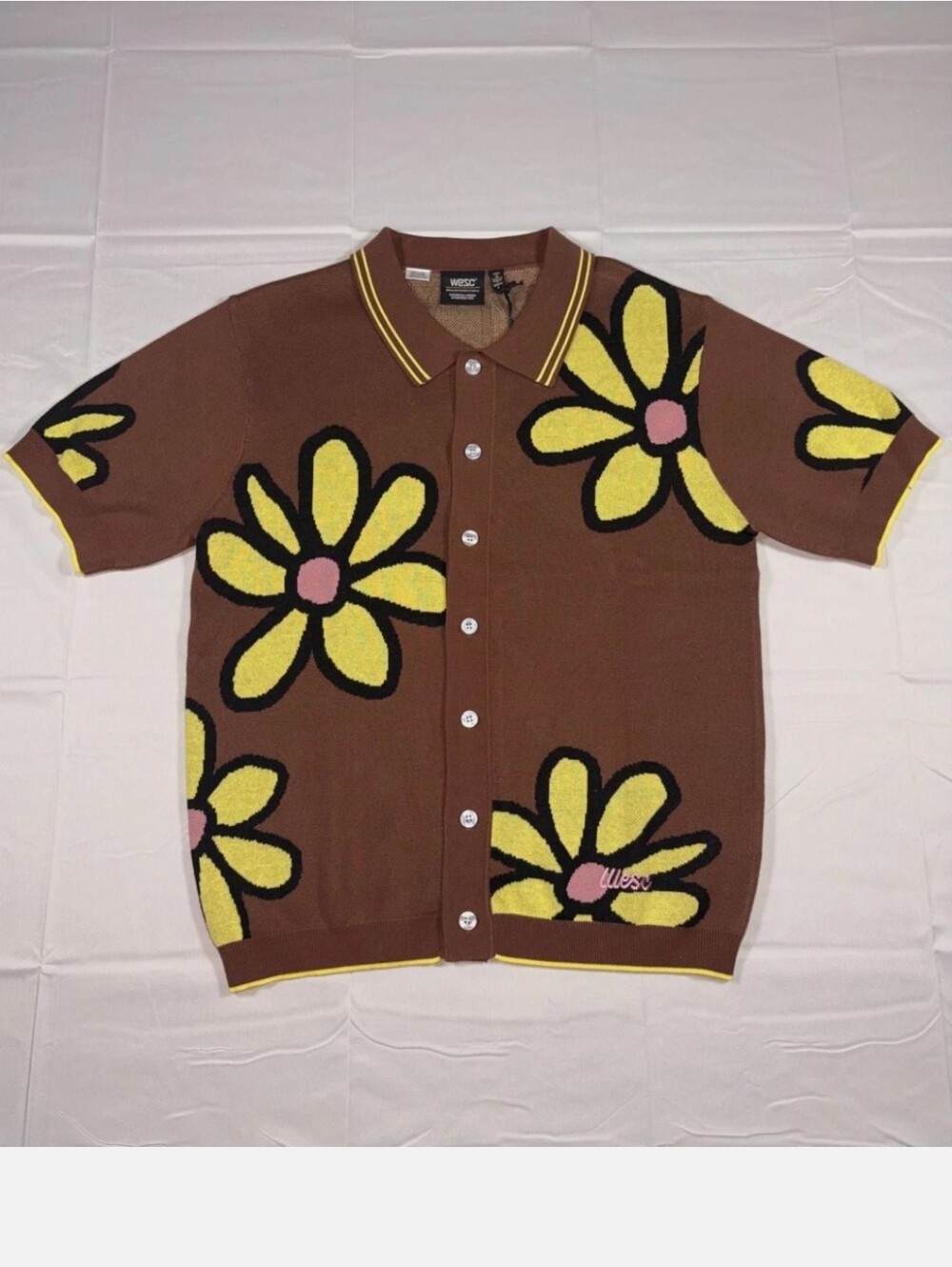 NWT Unisex WESC Brown Button-Up Floral Knit Polo with Yellow & Pink Accents - Picture 7 of 10